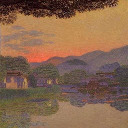 16k resolution, art by Hasui Kawase, Claude Monet. Rural village, twilight, lanterns, hearth fires, traditional houses, ...