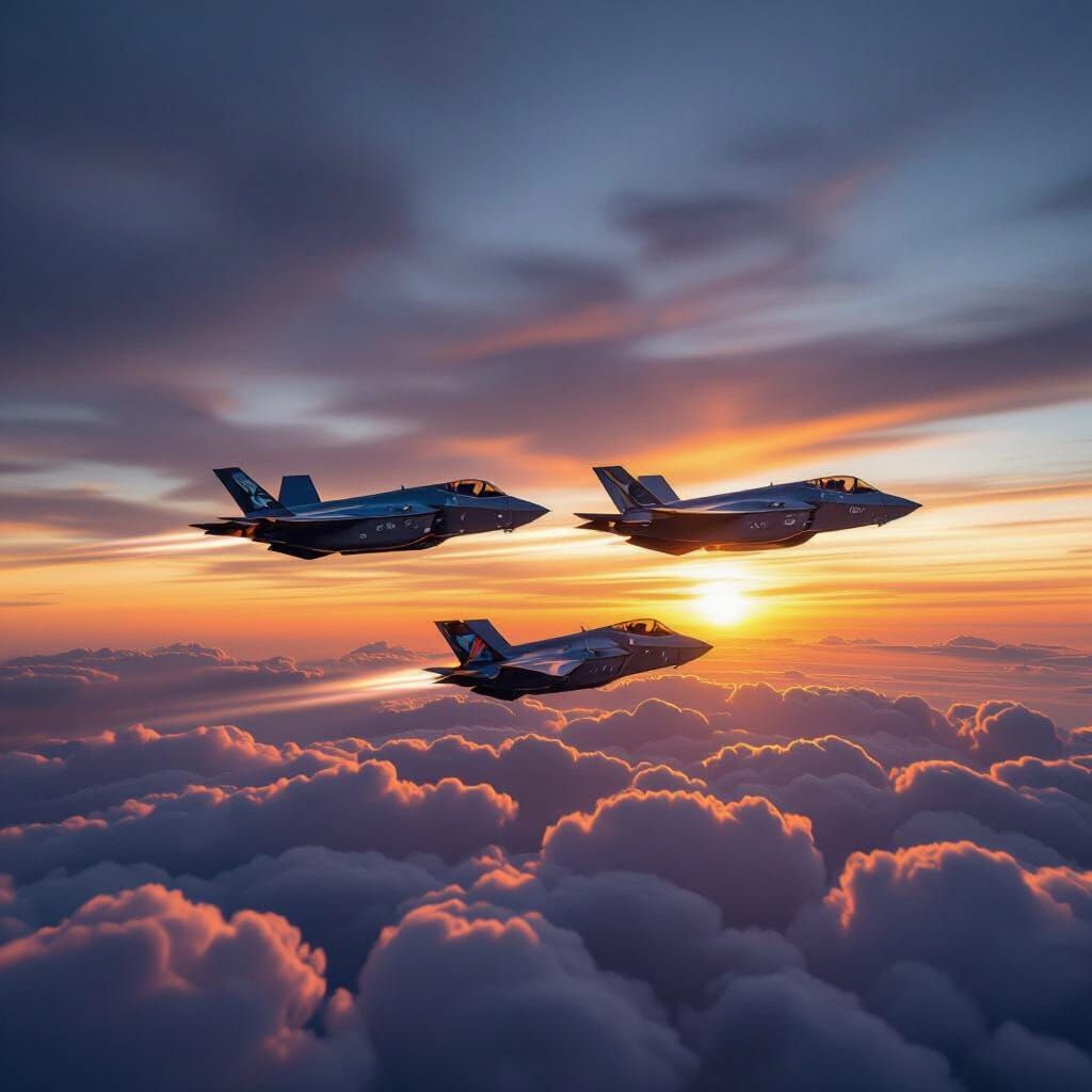 F-35 Fighter Jets in Dramatic Sunset Formation