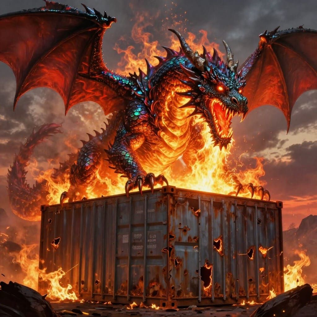 Colossal Dragon Unleashes Fiery Attack on Metal Container