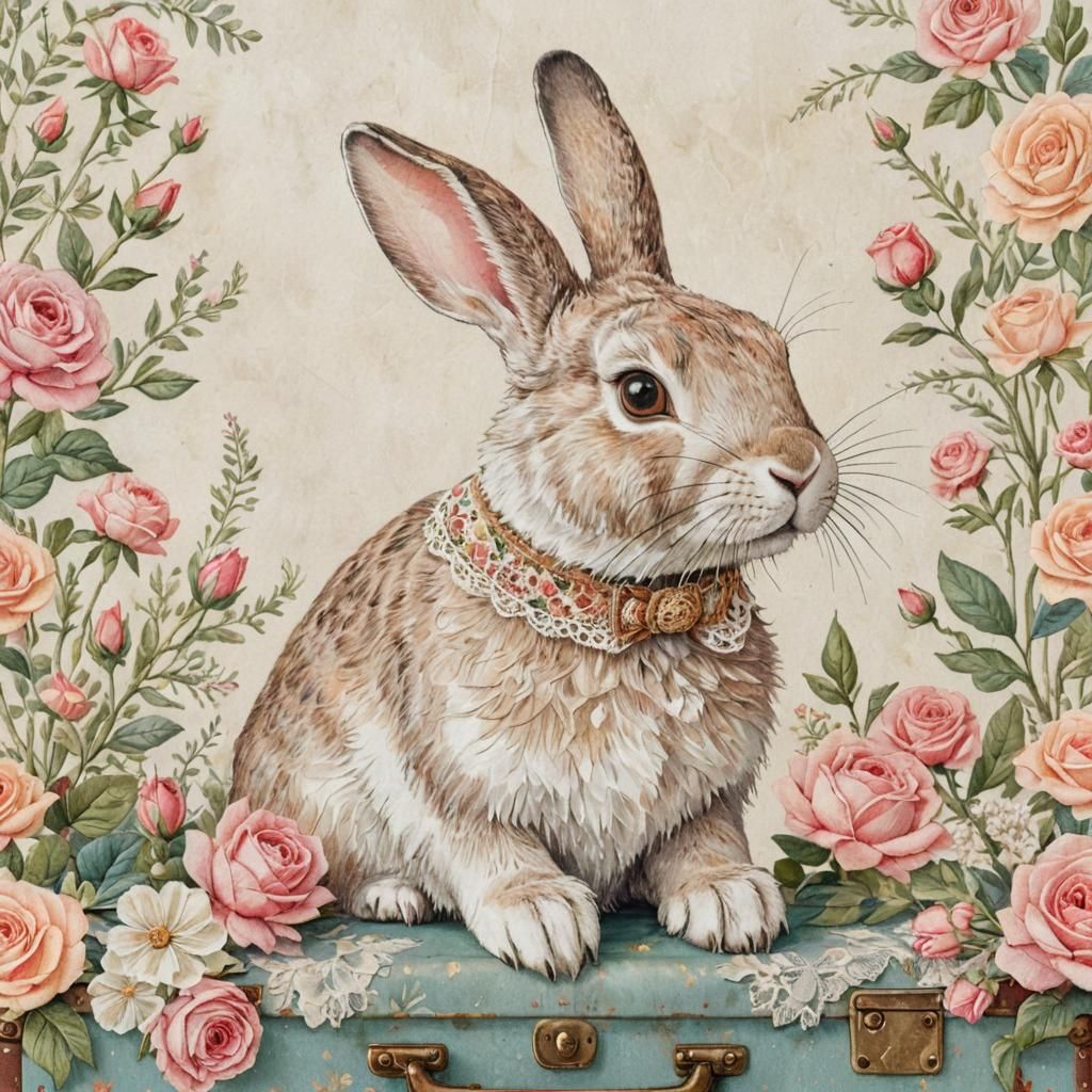 Rabbit on Suitcase in Floral Collage Art