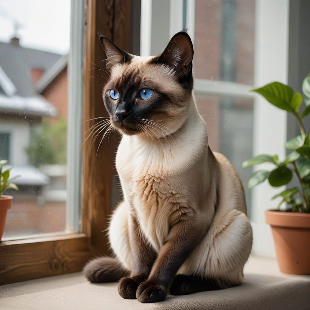 A Handsome Siamese Cat Basks on a Sunlit Windowsill