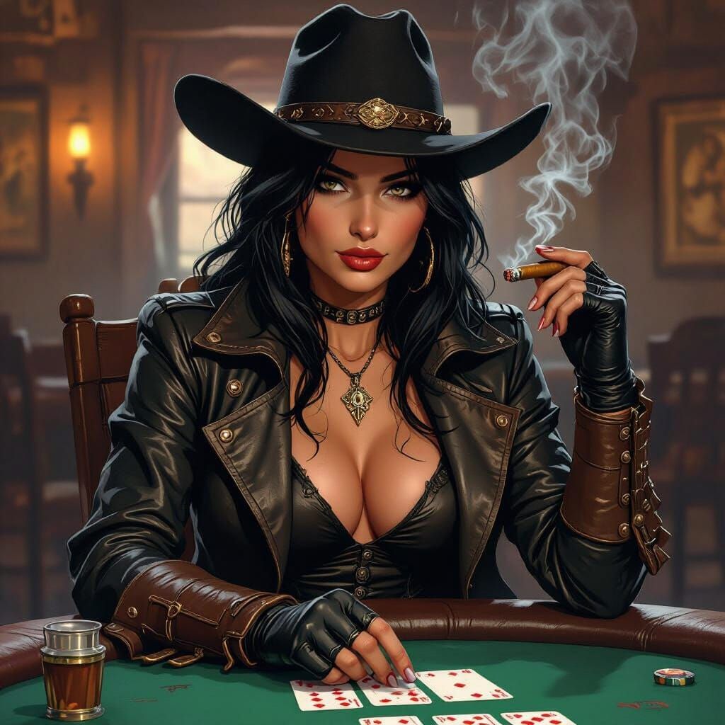 Cowgirl Poker Game in a Dimly Lit Saloon