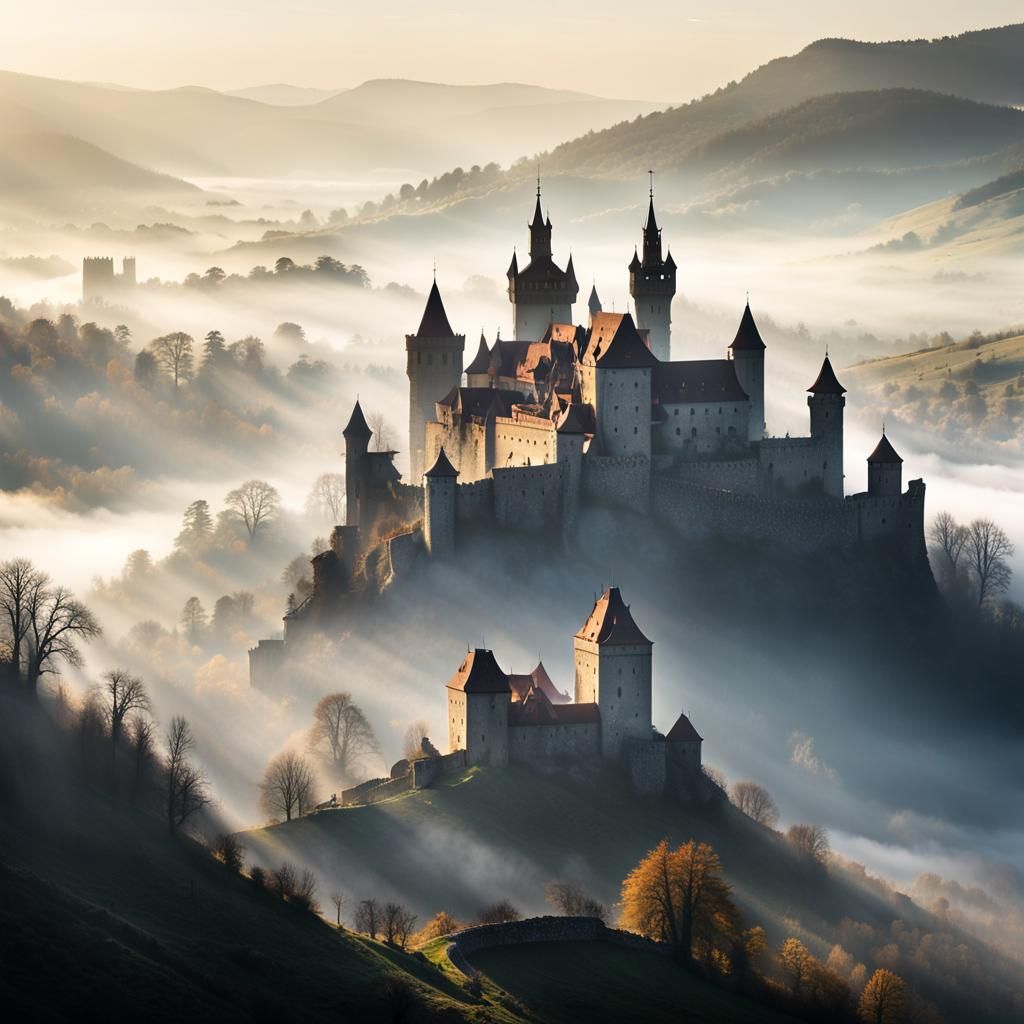 Misty Transylvanian Castles in Golden Light
