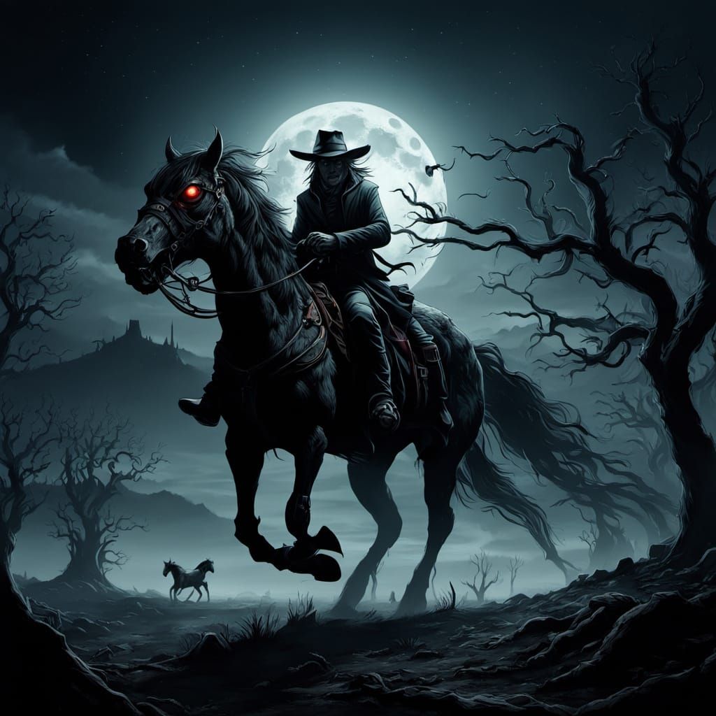 Dark Fantasy Pony Express Under Moonlit Skies