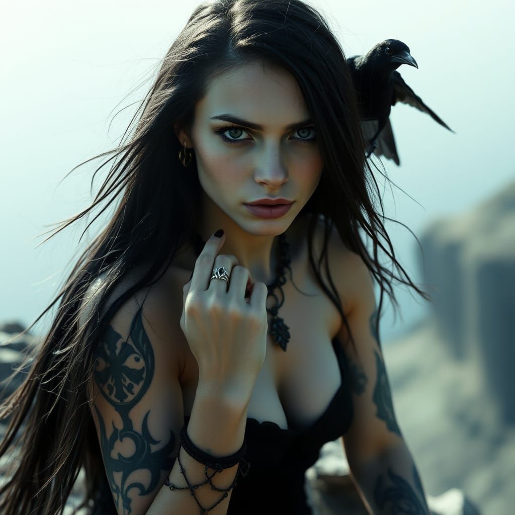 Mysterious Witch with Black Eyes and Raven Companion