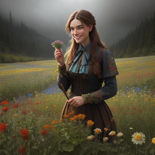 Smiling Woman Picking Wildflowers in Hyperrealistic Style