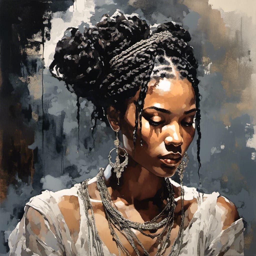 Ethereal Girl with Silver Chain in Watercolor Style