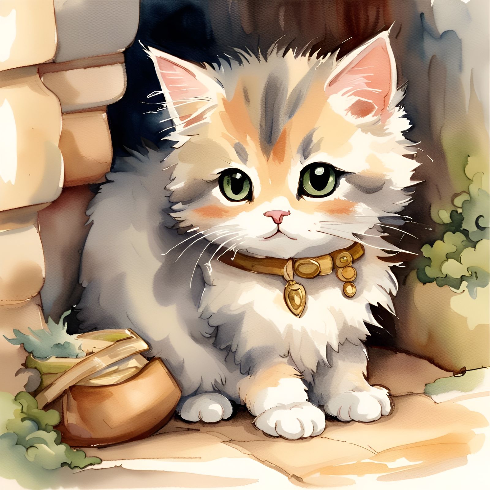 Cute Chibi Cat in Watercolor Style