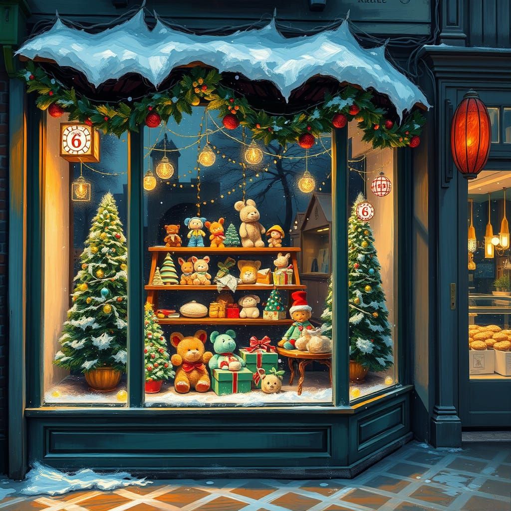 Vibrant Shop Window Scene in Oil Painting Style