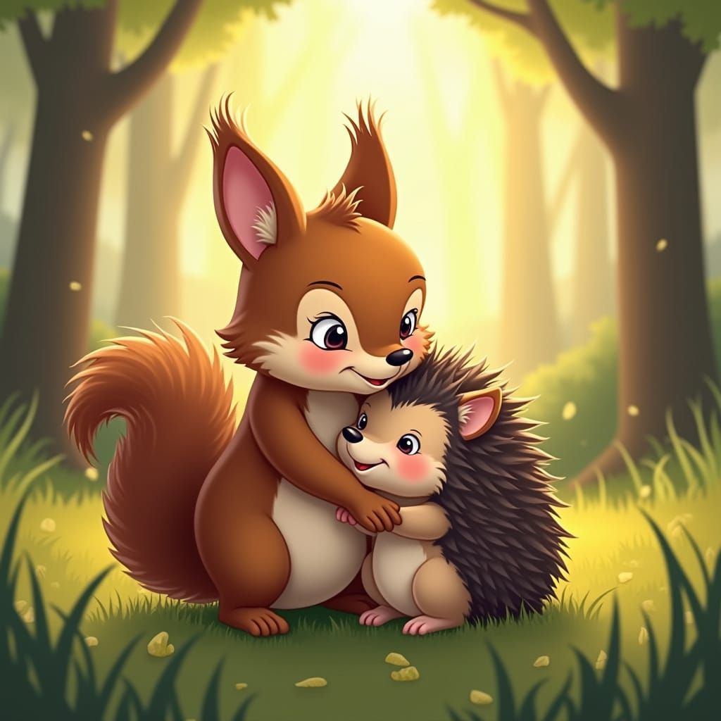 Squirrel and Hedgehog Embrace in Forest Sunlight