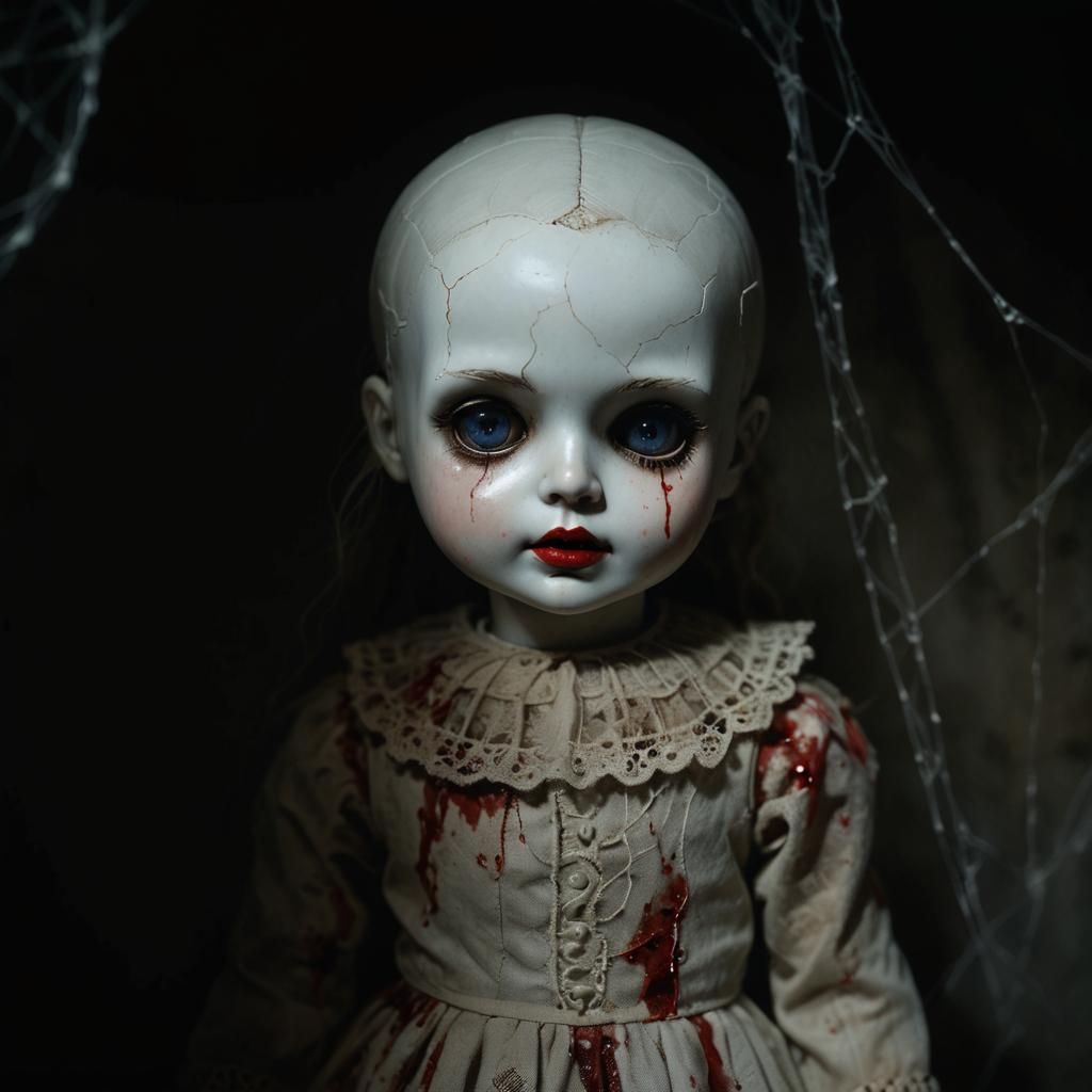 A blood-stained and hauntingly eerie porcelain doll with cra...