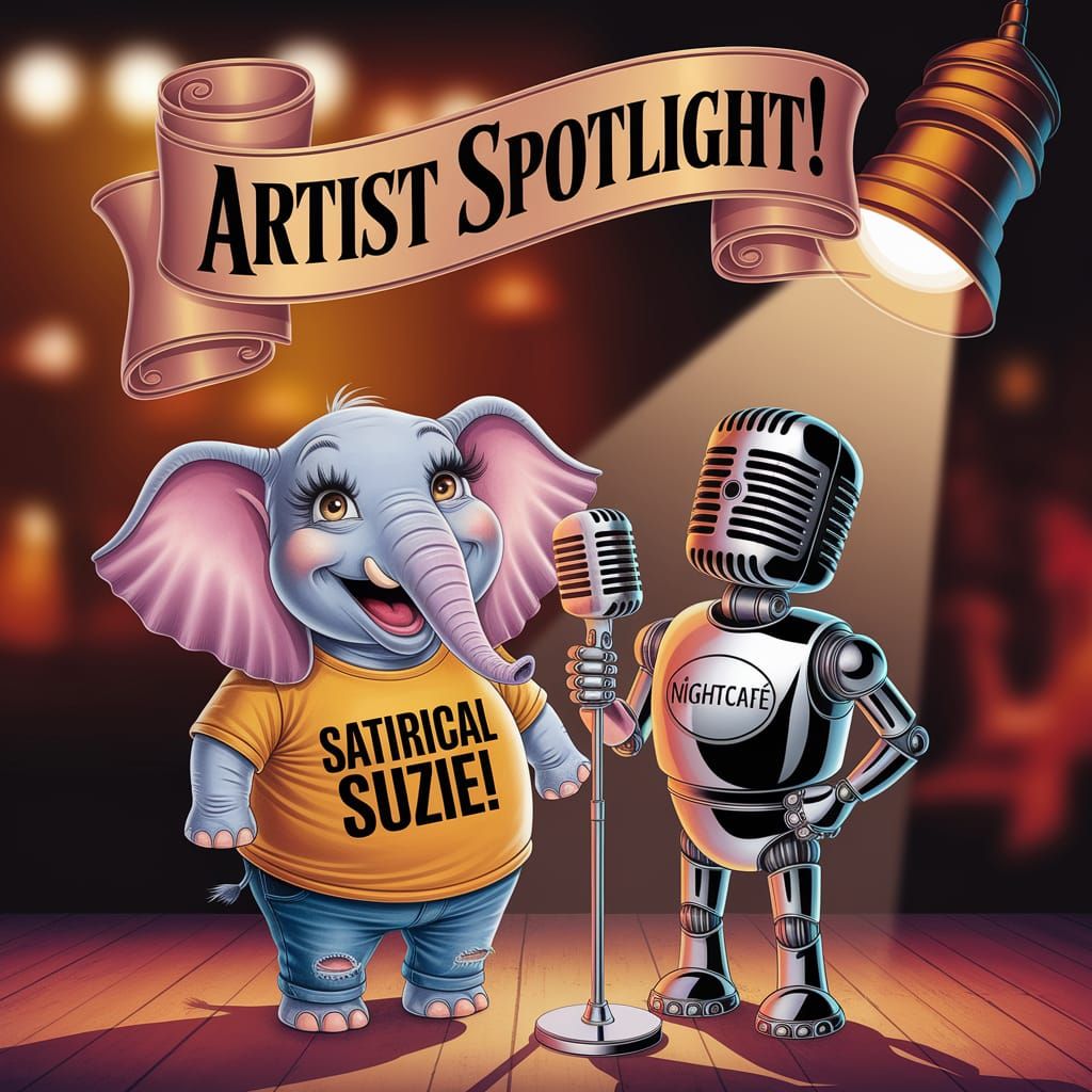 Happy Elephant & Robot on Stage in Digital Art Style