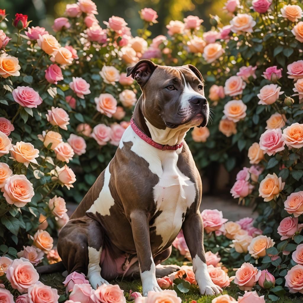 Calm Pitbull in Rose Garden: Macro Photography