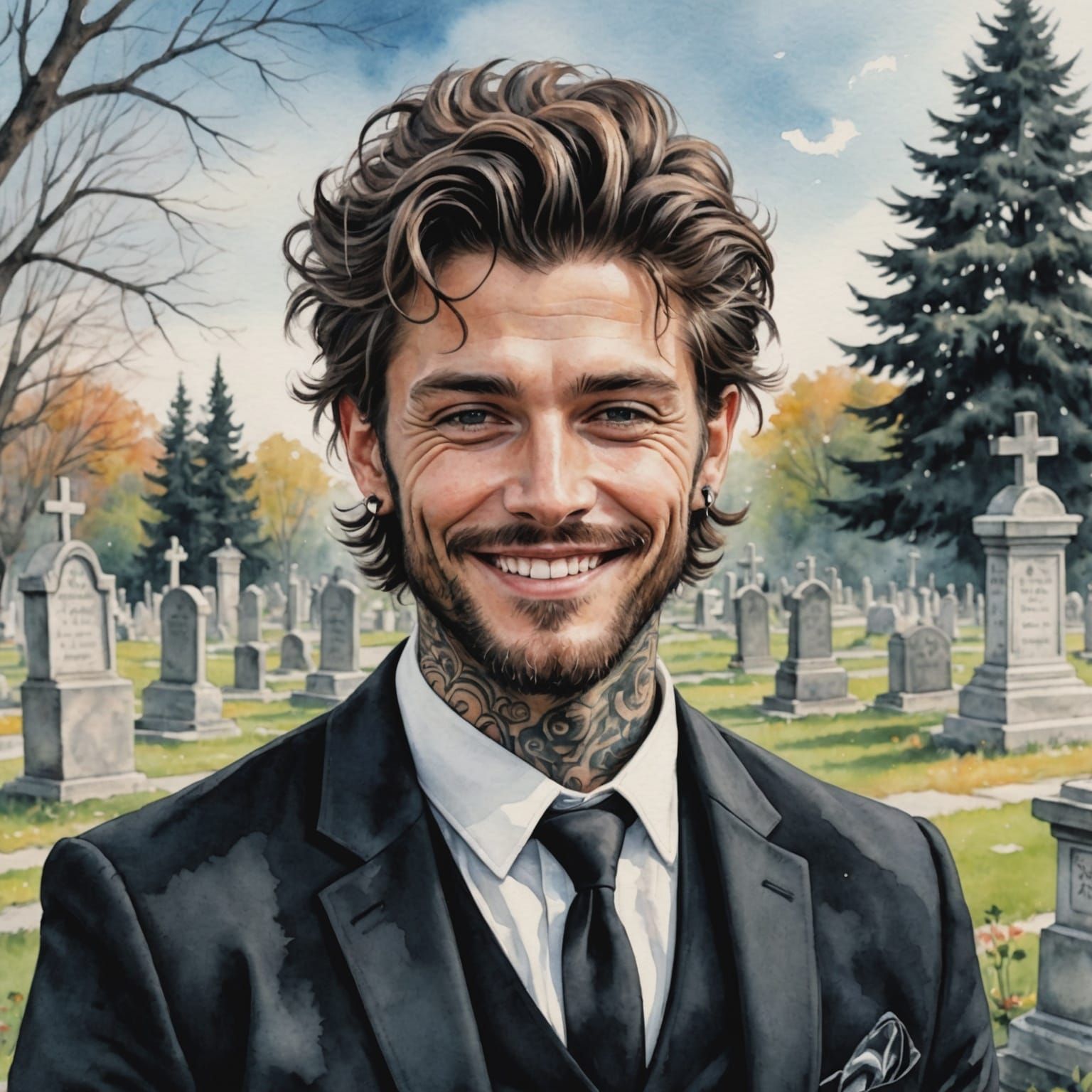 Tattooed Man in Cemetery, Watercolor Style Portrait