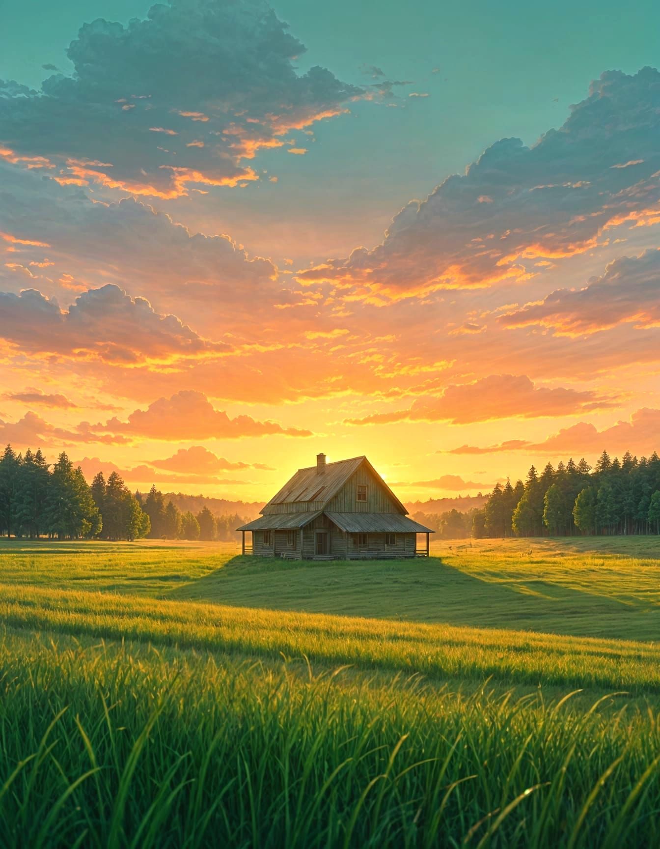 Idyllic Sunrise Over Green Landscape with House