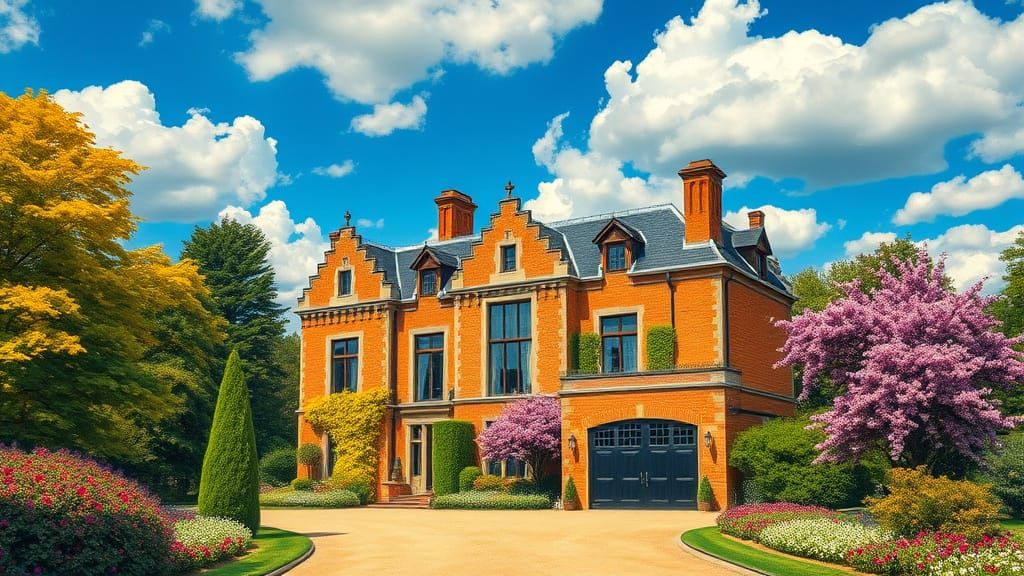 Grand Brick Chateau with Vibrant Garden in Painterly Style