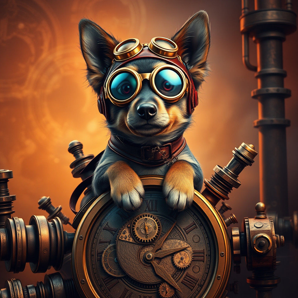 Steampunk Dog with Goggles on Copper Timepiece