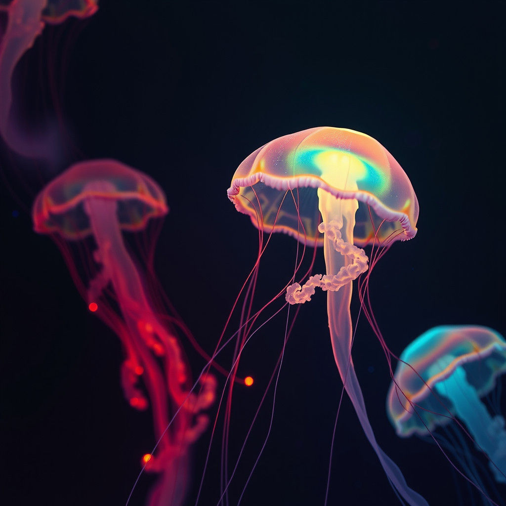 Bioluminescent Jellyfish in Deep Sea, Futuristic Style