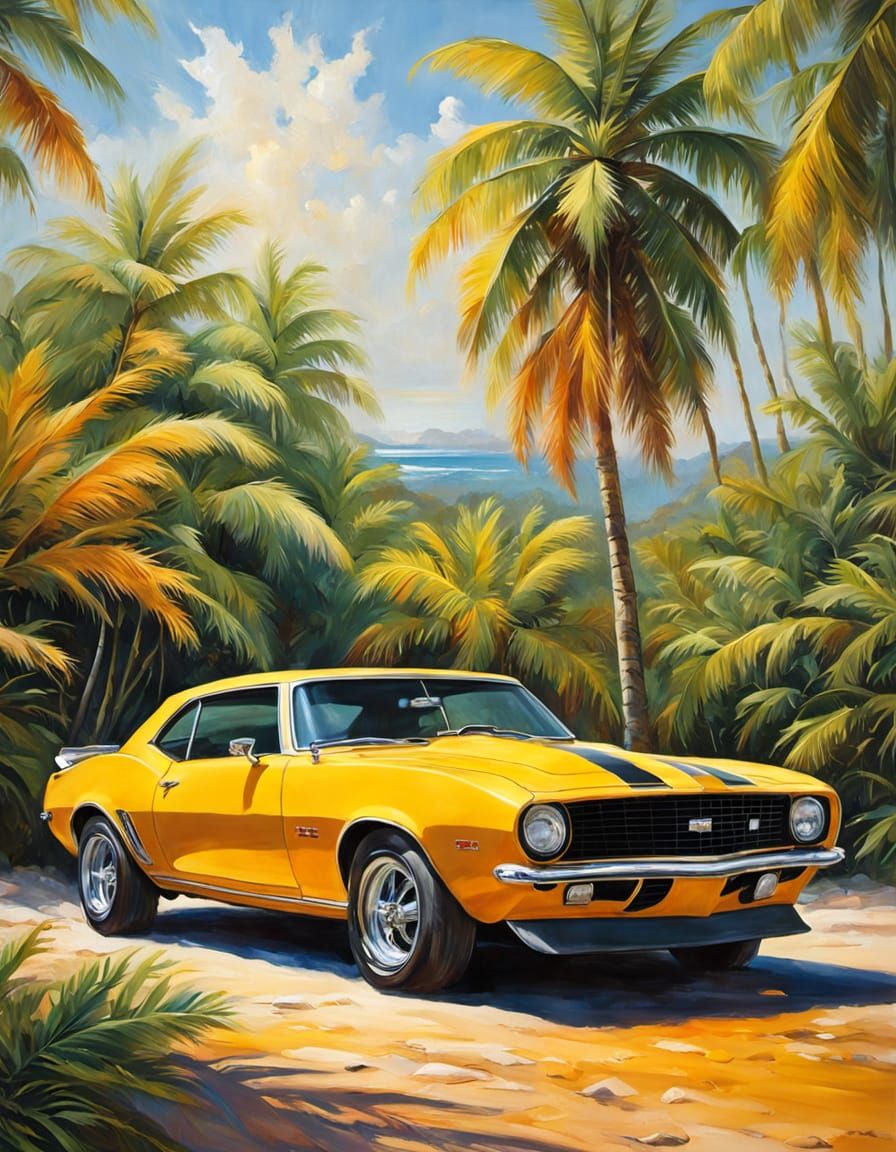 Vibrant Epoxy Art Yenko Chevrolet Camaro in Tropical Paradis...
