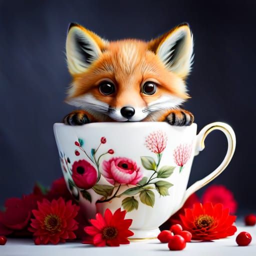 Baby Red Fox Snuggles in China Teacup