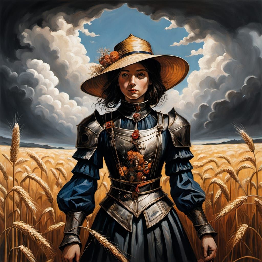 Scarecrow and Girl Walking in Wheat Field