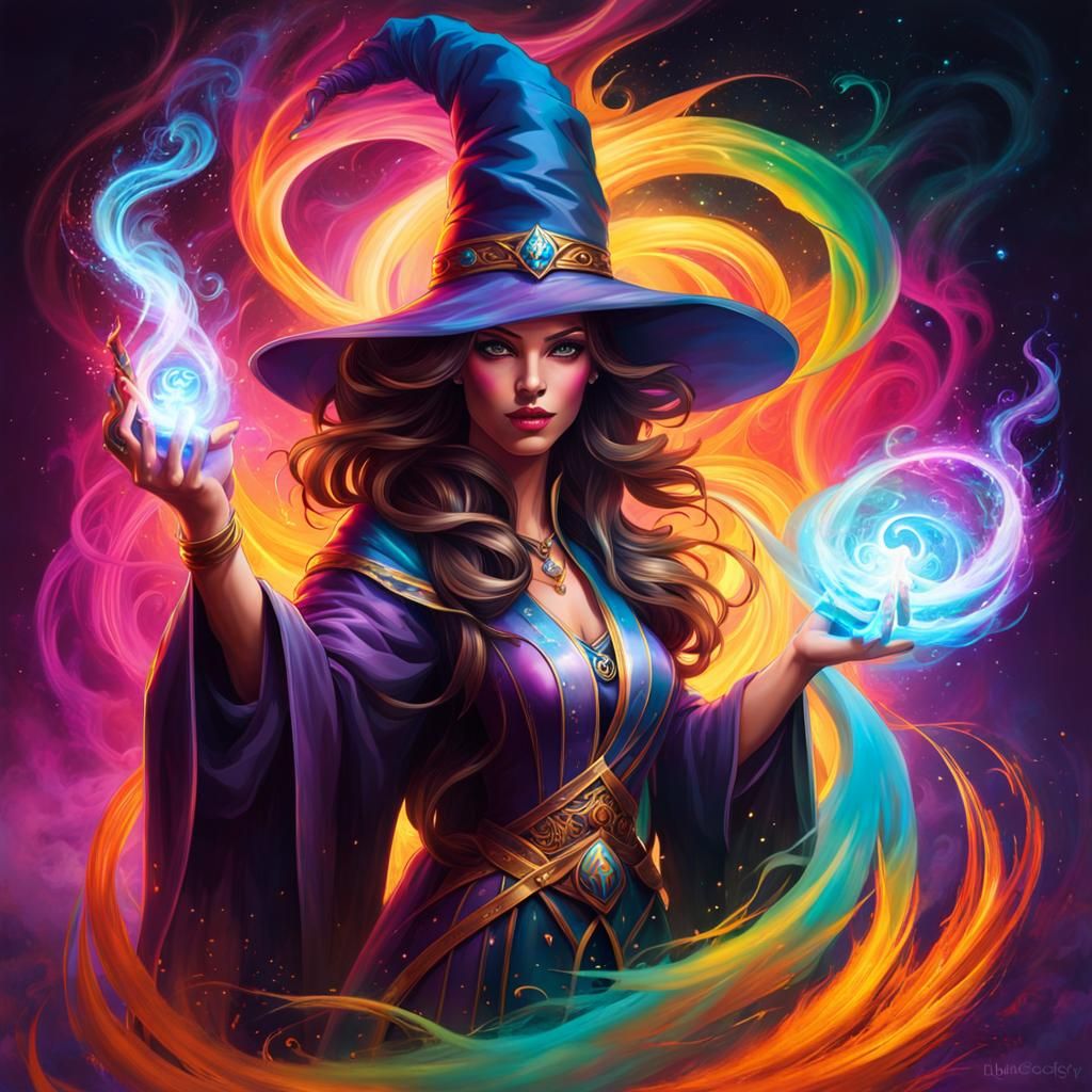 Beautiful Sorceress Casting a Powerful Spell as Graffiti Art