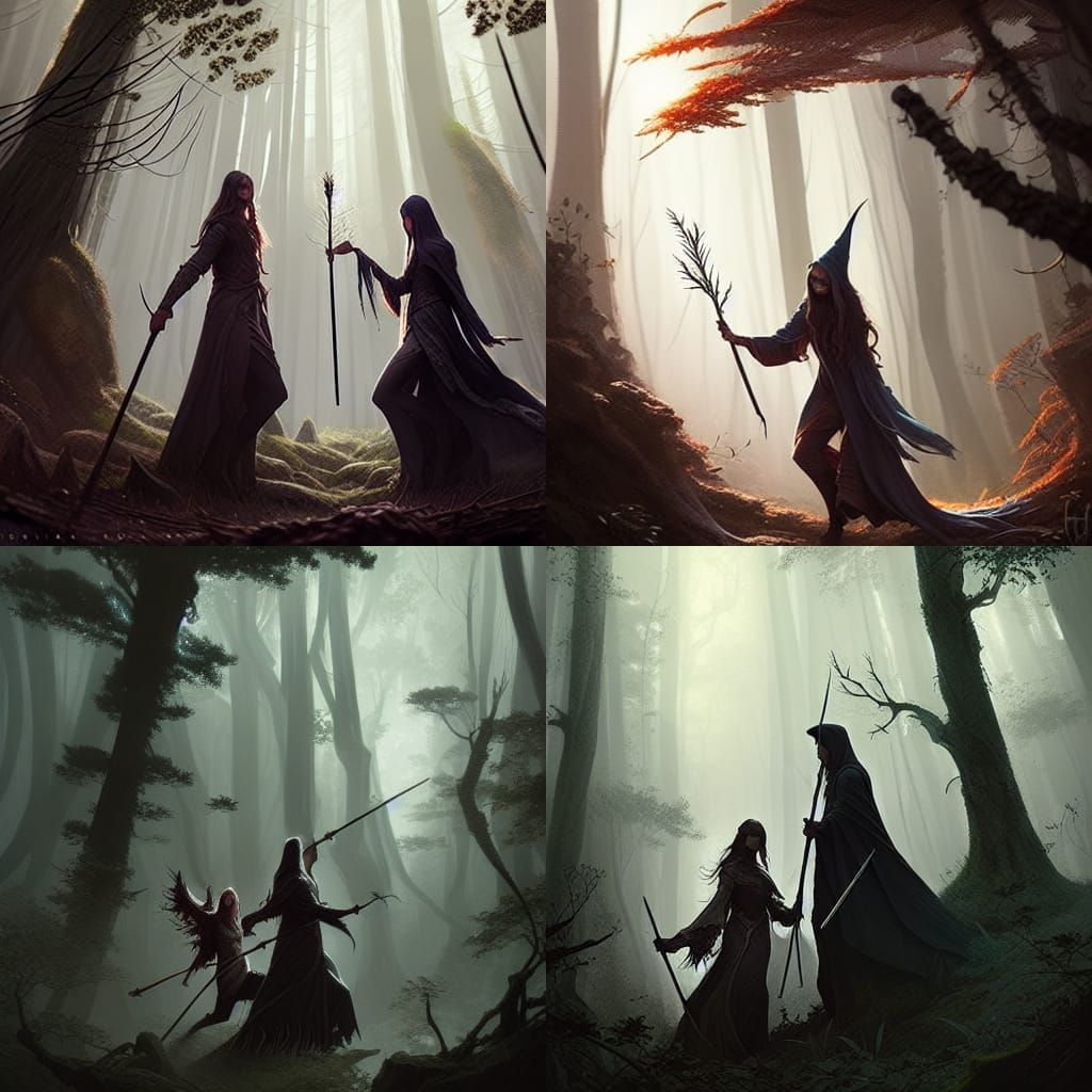 Magical Duel in Forest: Dark Fantasy Illustration