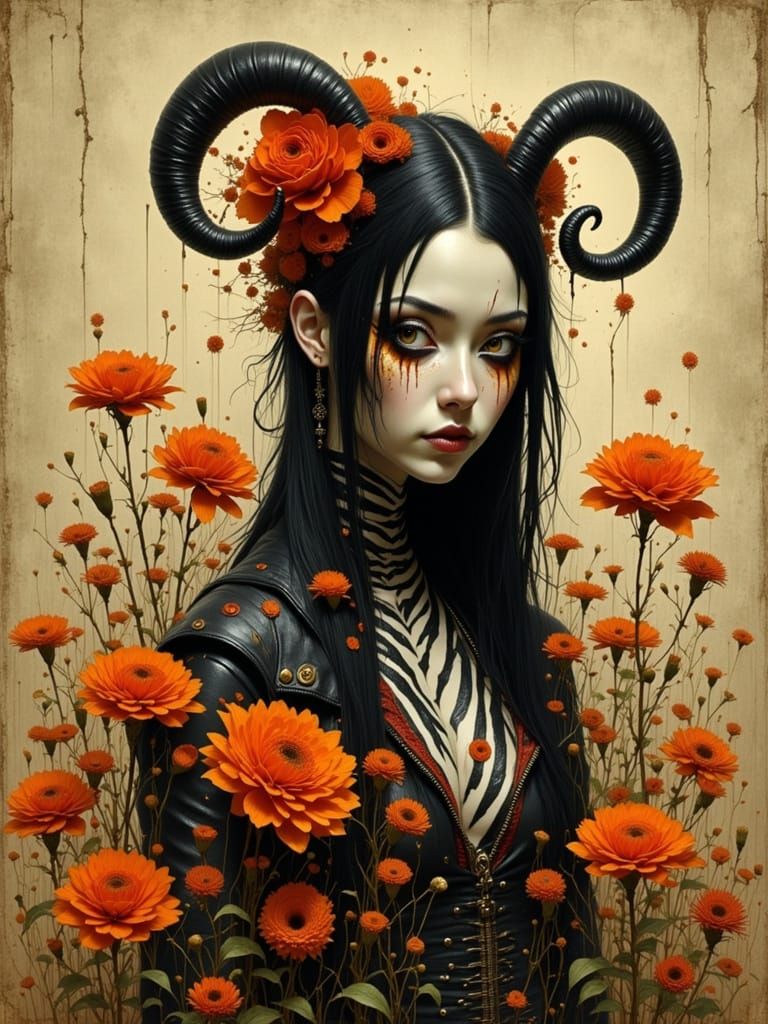 Eerie Goth Woman with Zebra Skin and Horns