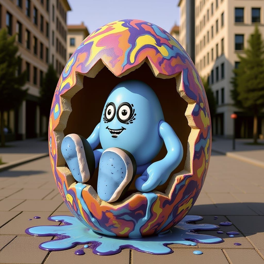 Young Character Emerges from Giant Egg in Graffiti Plaza