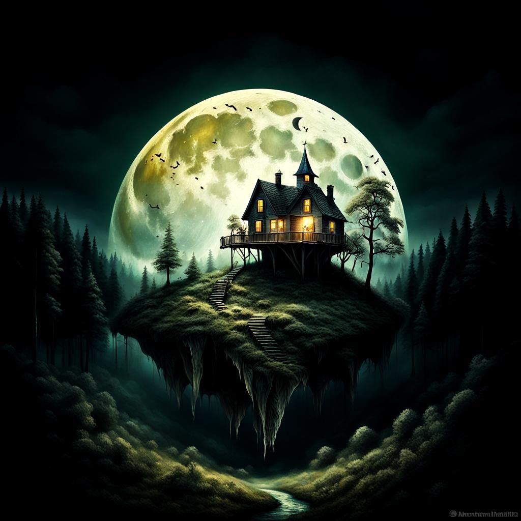 Surreal Forest Village Inside Moon, Double Exposure