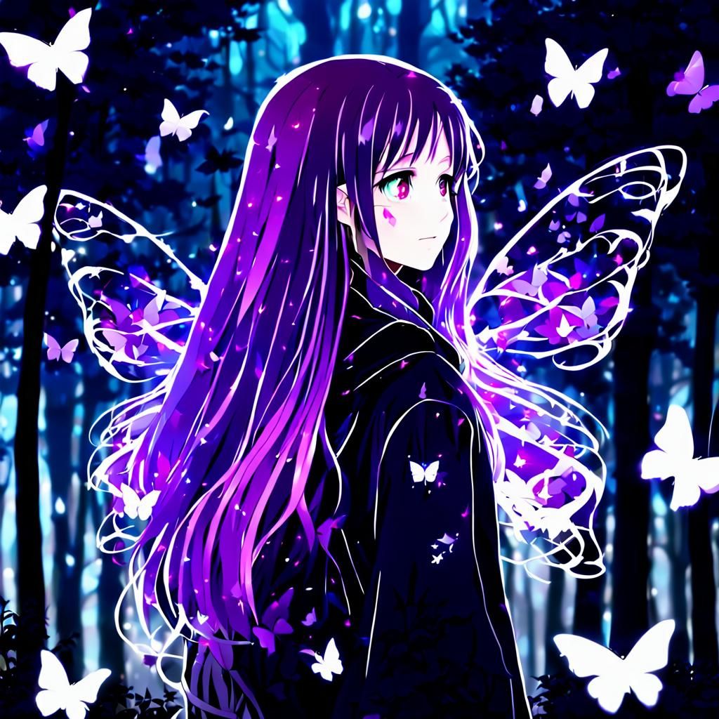 Anime Girl with Purple Hair in Dark Forest