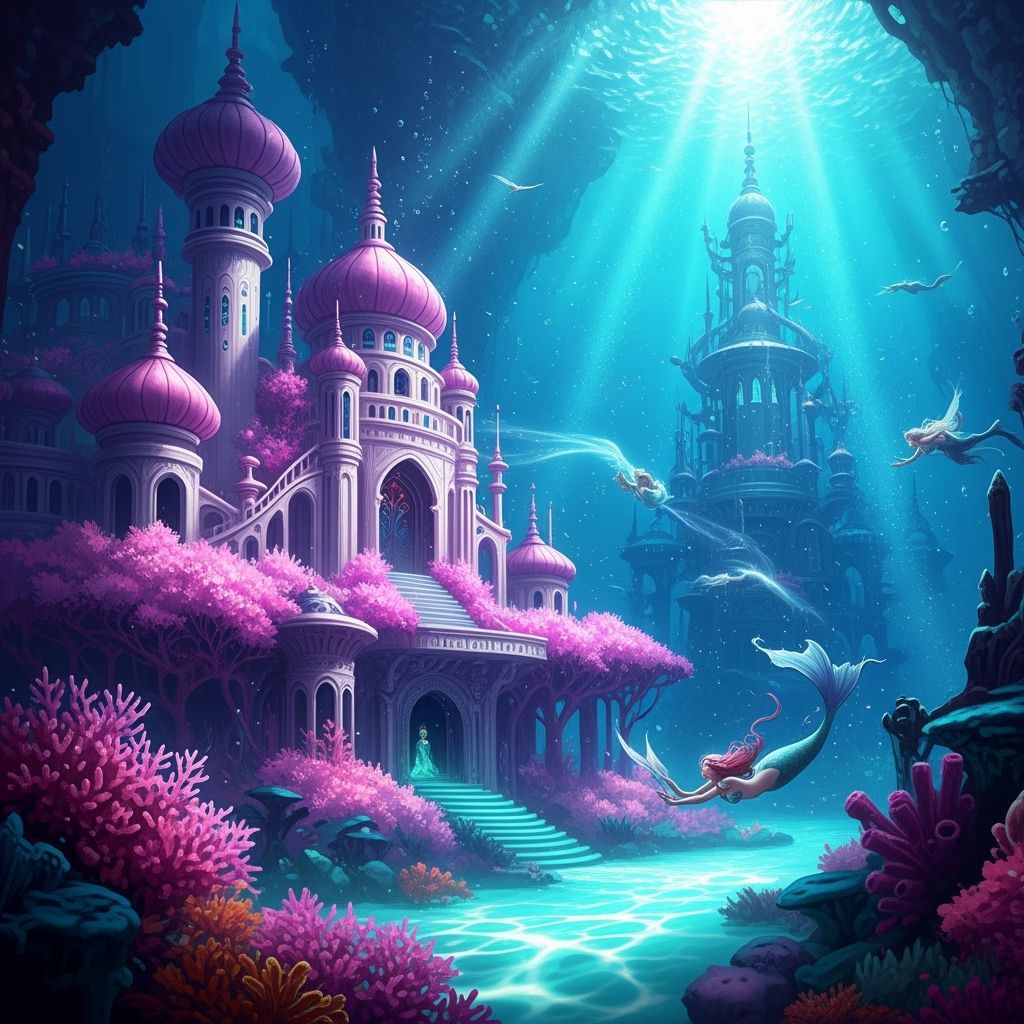 Underwater Mermaid Kingdom with Coral Palaces in Art Nouveau...