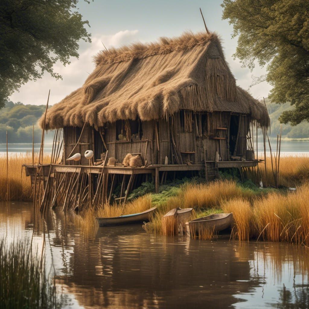 Crannog Hut on Stilts in Hyperrealistic Style