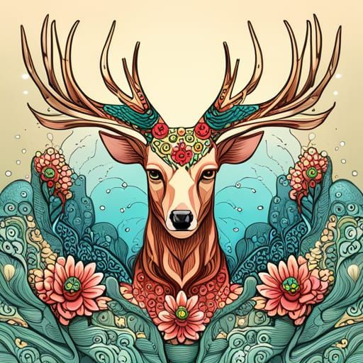 Retro Cartoon Deer with Floral Antlers