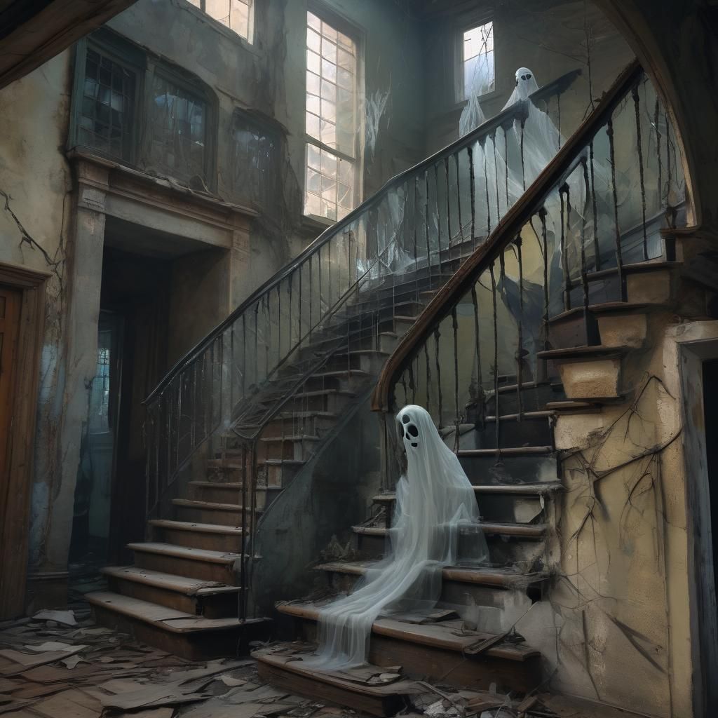 Ethereal Ghost Ascends Staircase in Fauvist Style