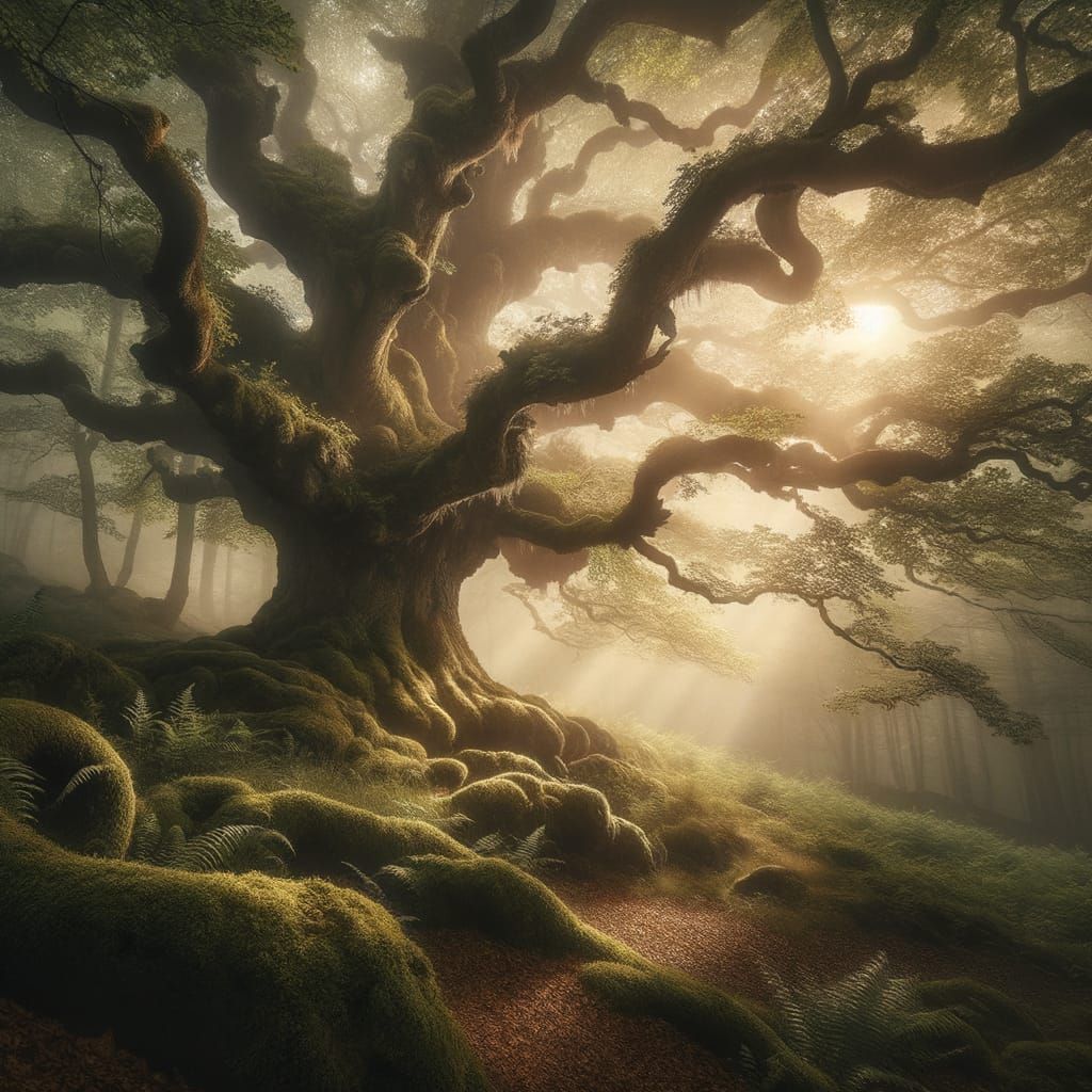 Gnarled Oak Tree in Misty Forest as Oil Painting