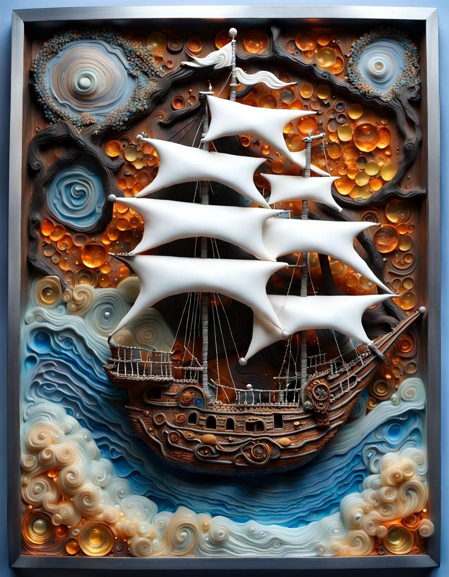 Intricate Pirate Ship in Mixed Media Neo-Impressionism