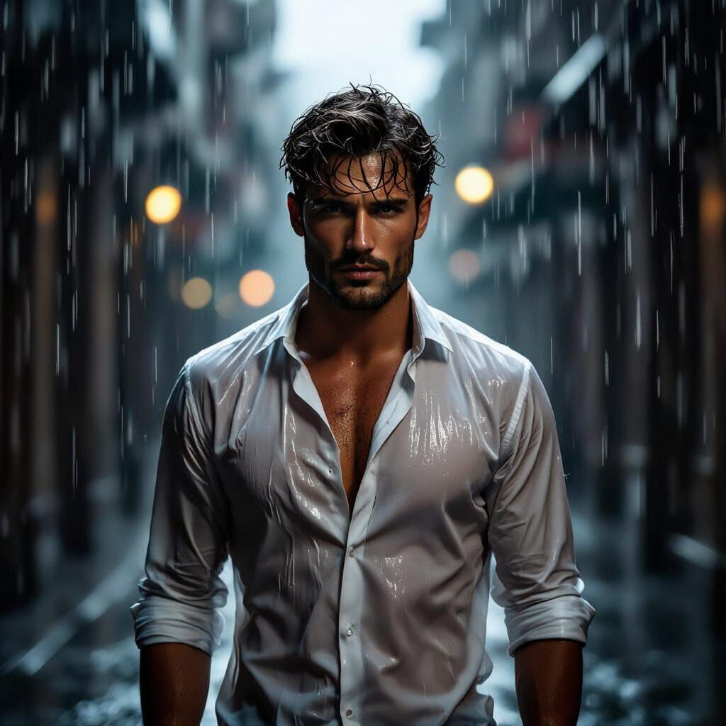Model in Rain with Dramatic Lighting