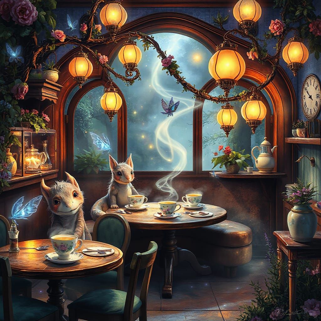Enchanted Cafe with Whimsical Creatures & Starlight Drinks