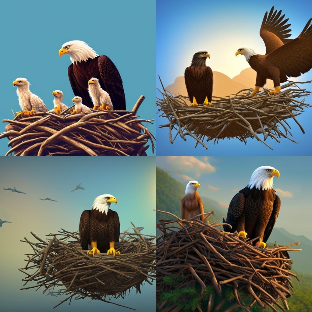 Eagle and Babies in Mountain Nest: 3D Digital Art
