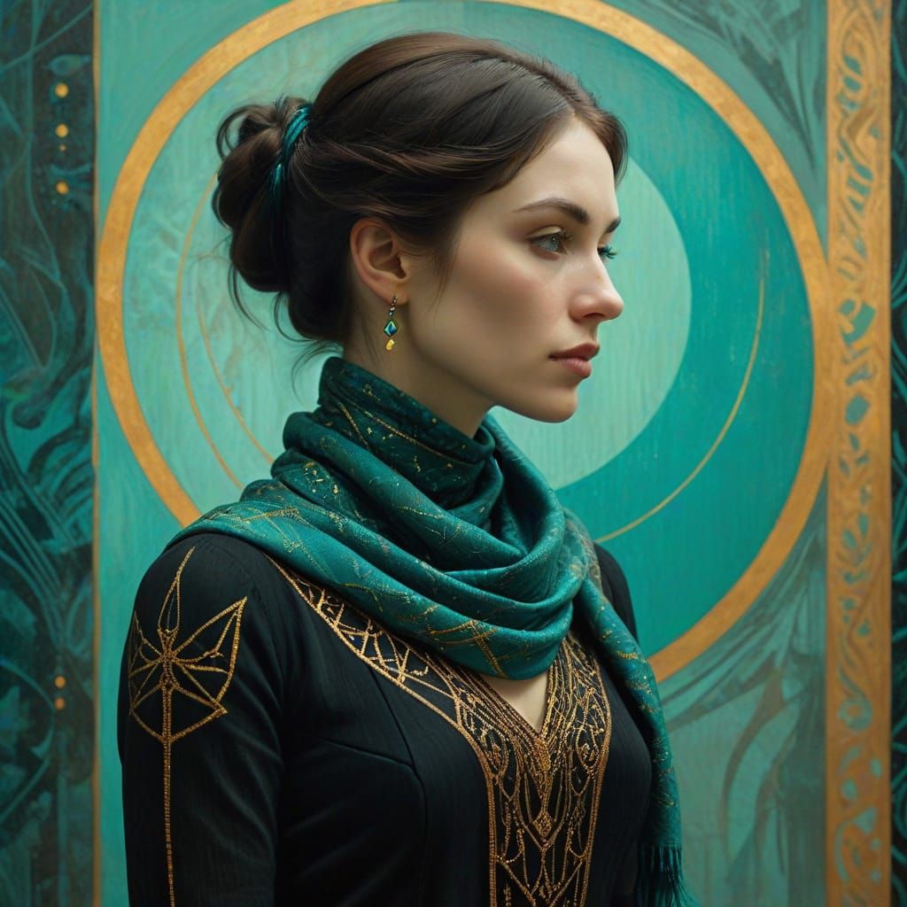 Woman in Turquoise Scarf: Art Nouveau Matte Painting