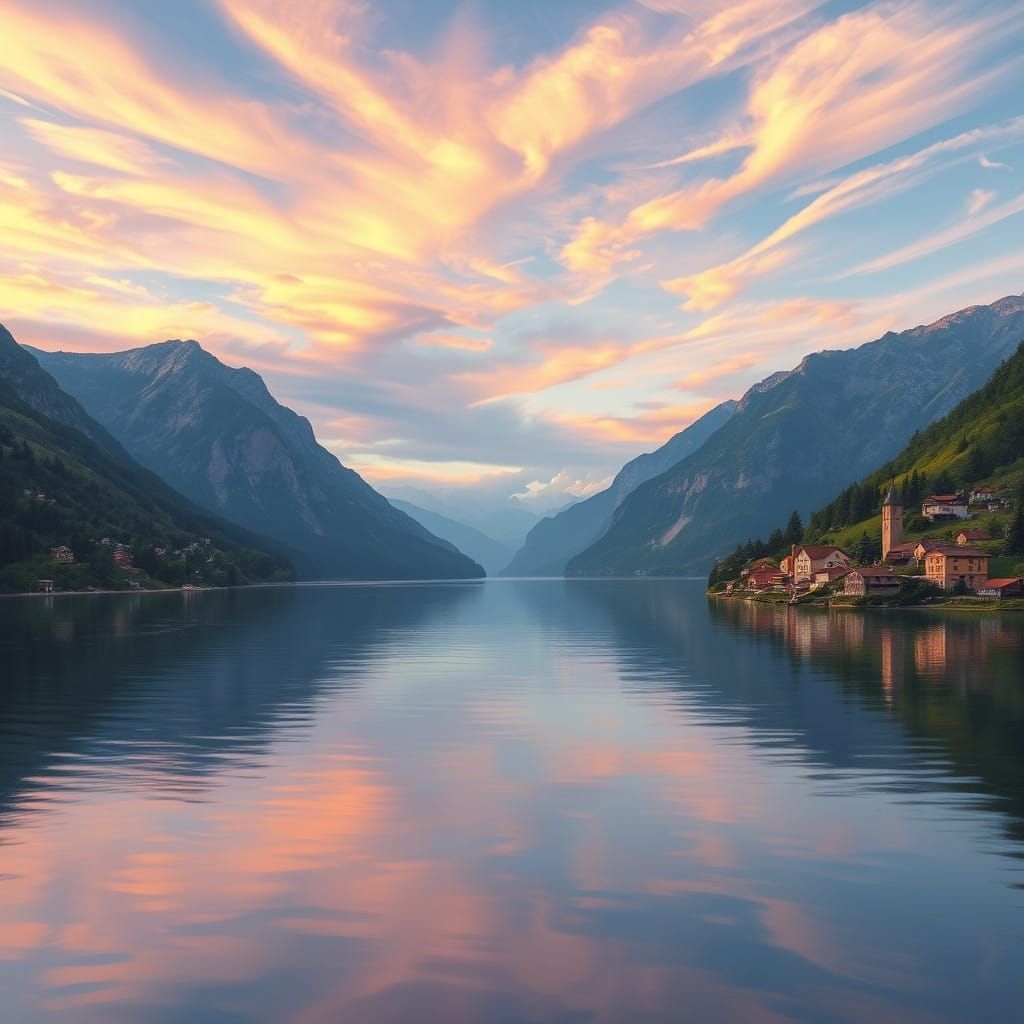 Serene Landscape with Quaint Village and Tranquil Lake