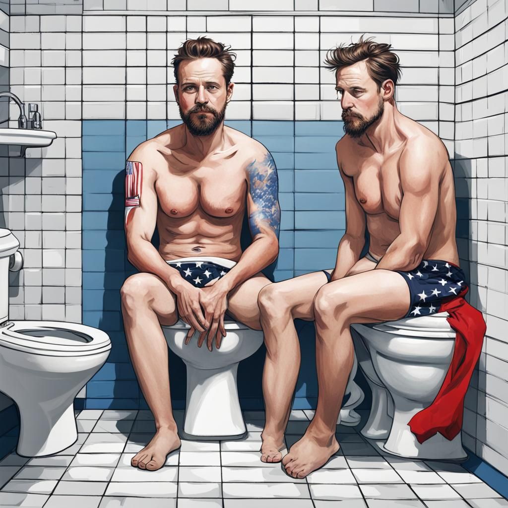 Shirtless Man on Toilet with American Flag Pants