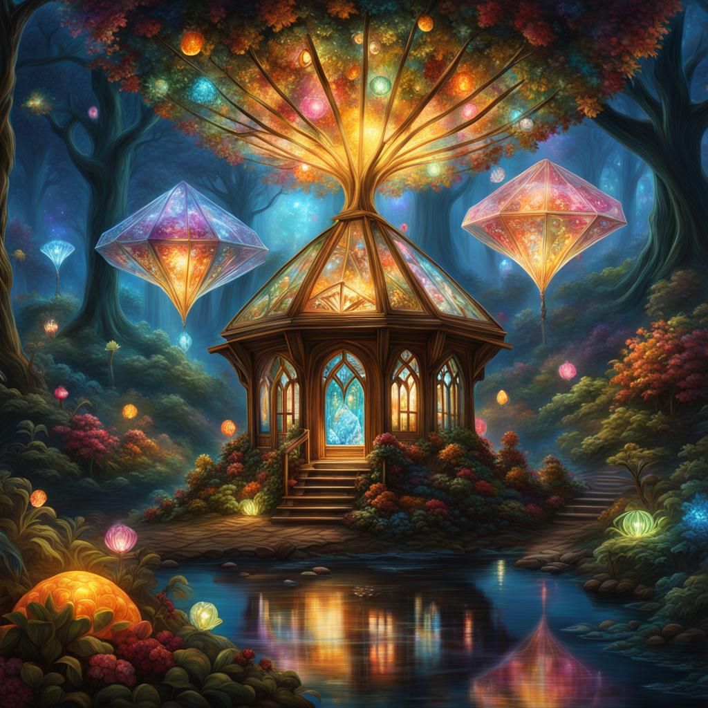 Bioluminescent Fairy Village in Crystalline Icosahedron