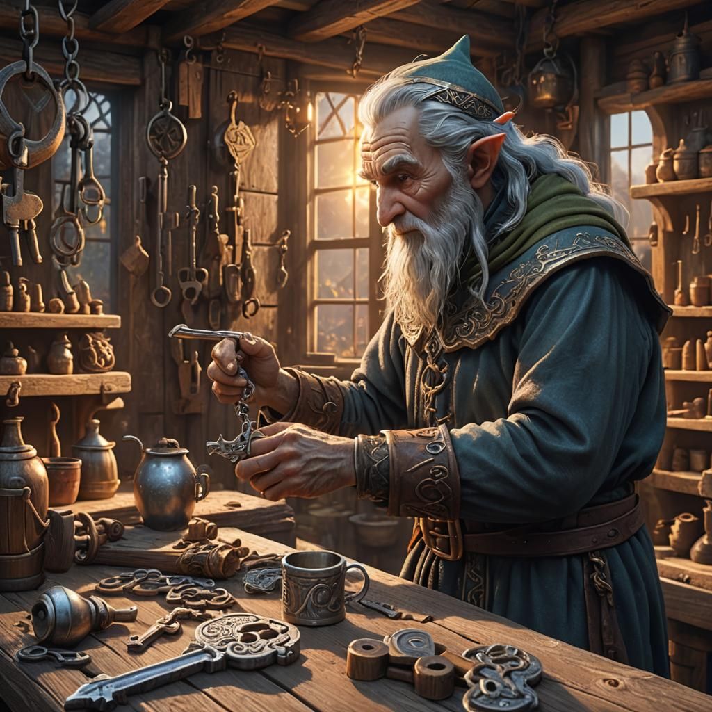 Old Elf Key Master in Wooden Shop at Sunset