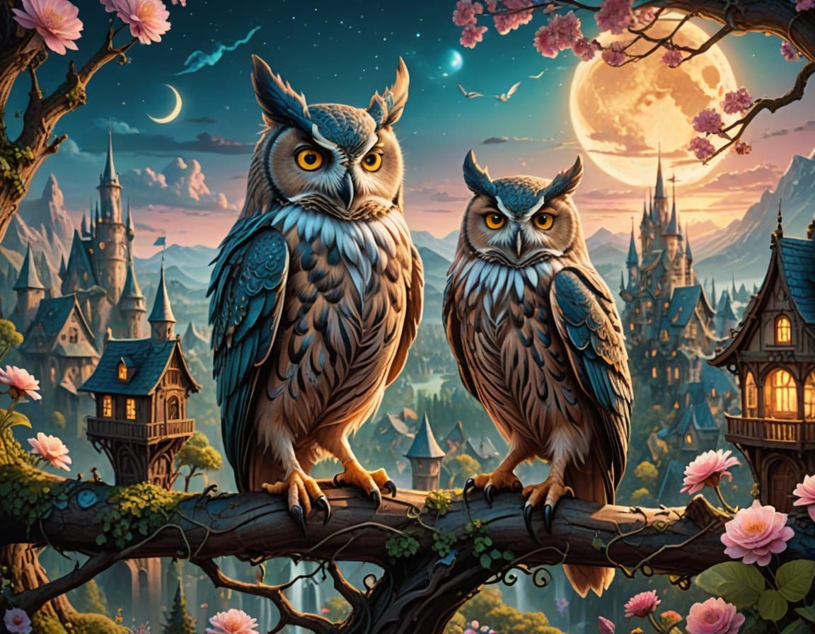 Whimsical Wizard Owl Surveys Solarpunk Utopia