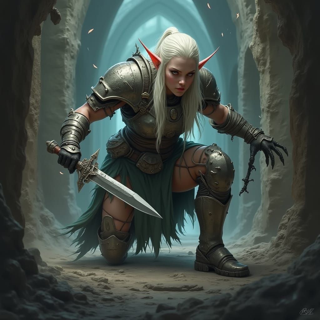 Albino Elf Warrior Navigating Lost Corridor in Dark Futurism
