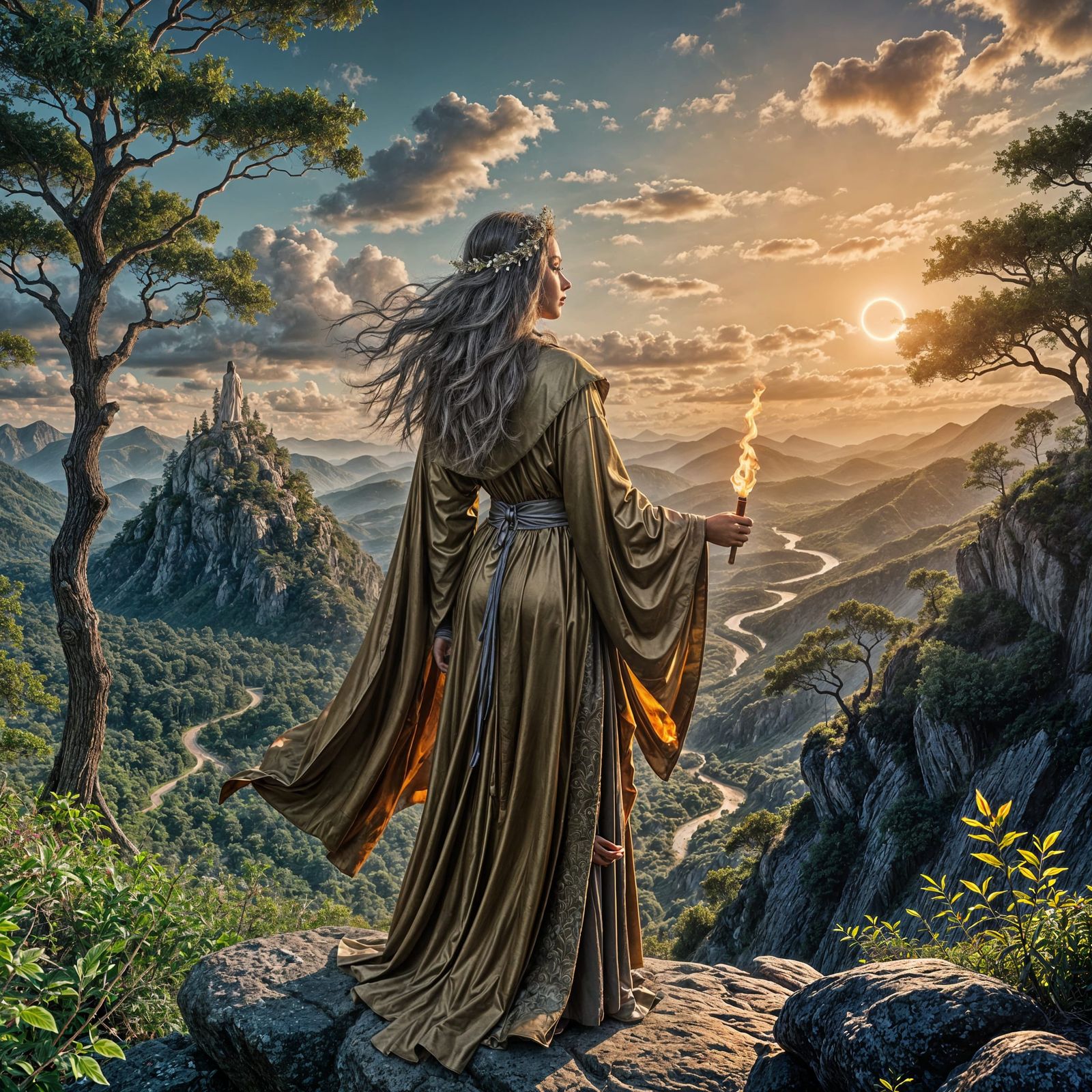 Fantasy Sorceress Casting Spell on Moonlit Hill