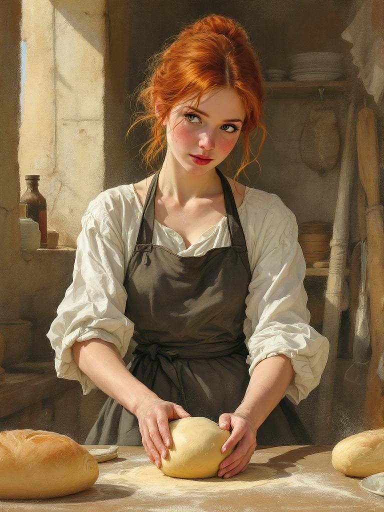 Redhead Baker in Bustling Kitchen: A Volumetric Pastel Portr...