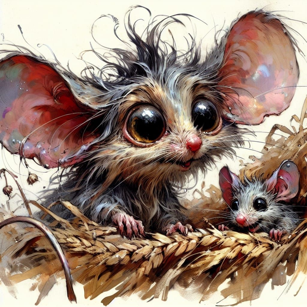 Shy Mouse Wakes Friend: Romanticism-Era Oil Painting